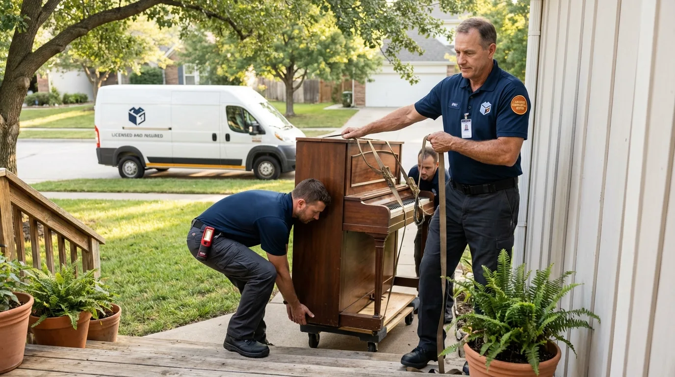 Licensed piano movers securing grand piano in Morganton, NC