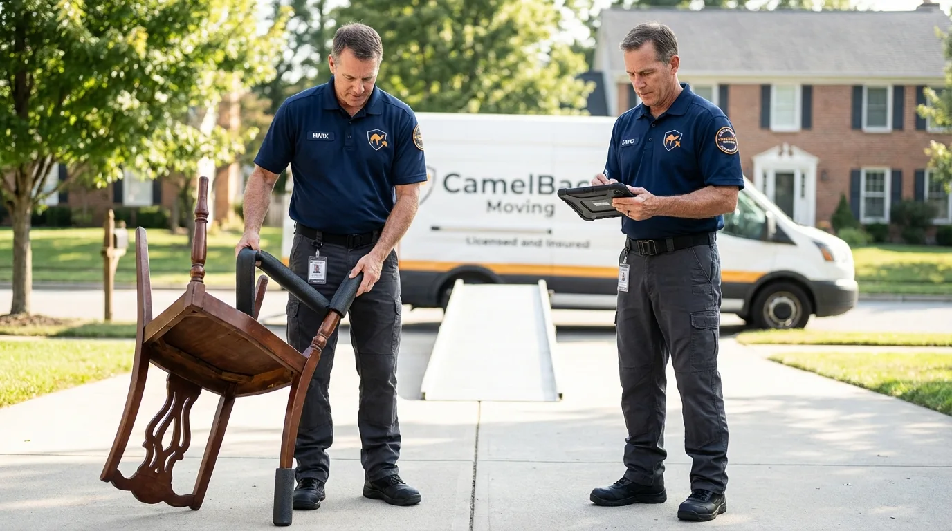 Movers inspecting furniture for damage prevention before loading in Morganton, NC