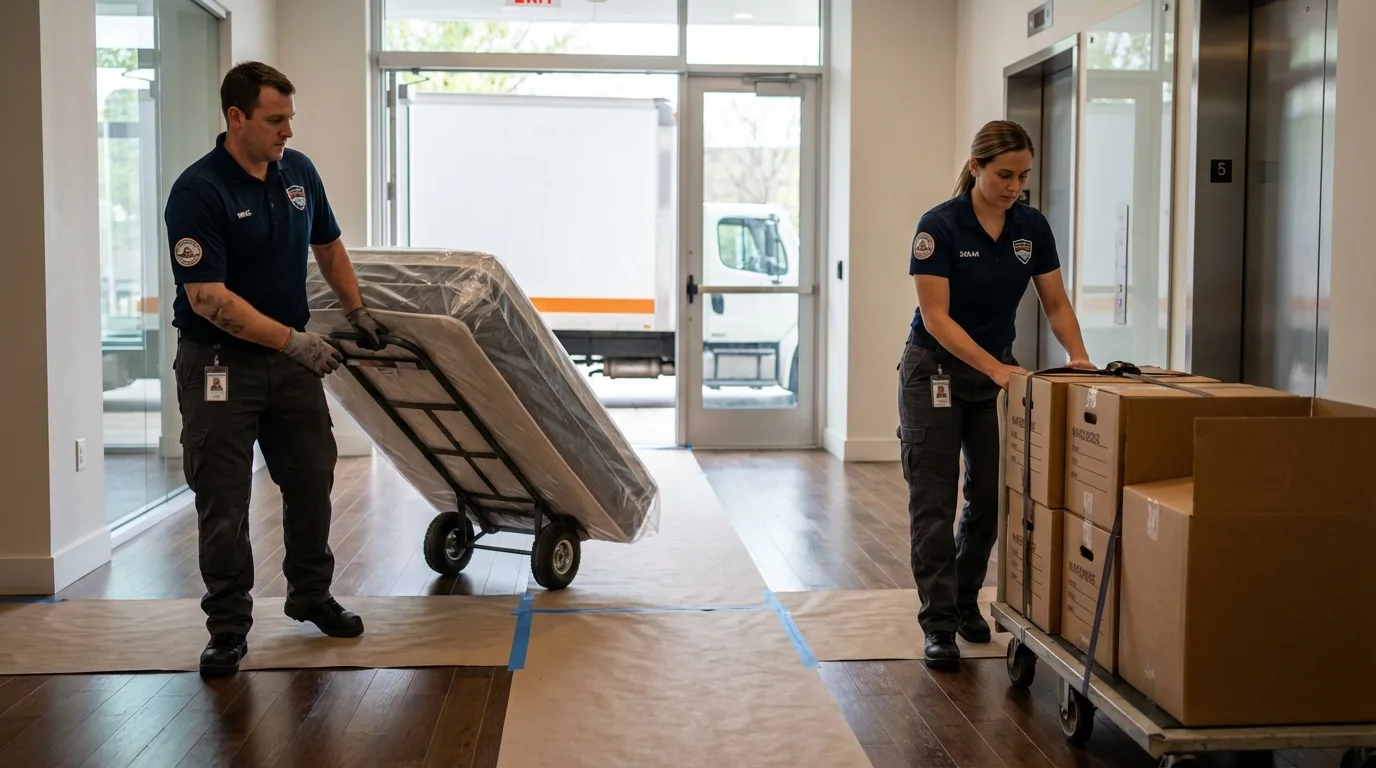 Professional apartment movers loading elevator in Morganton, NC